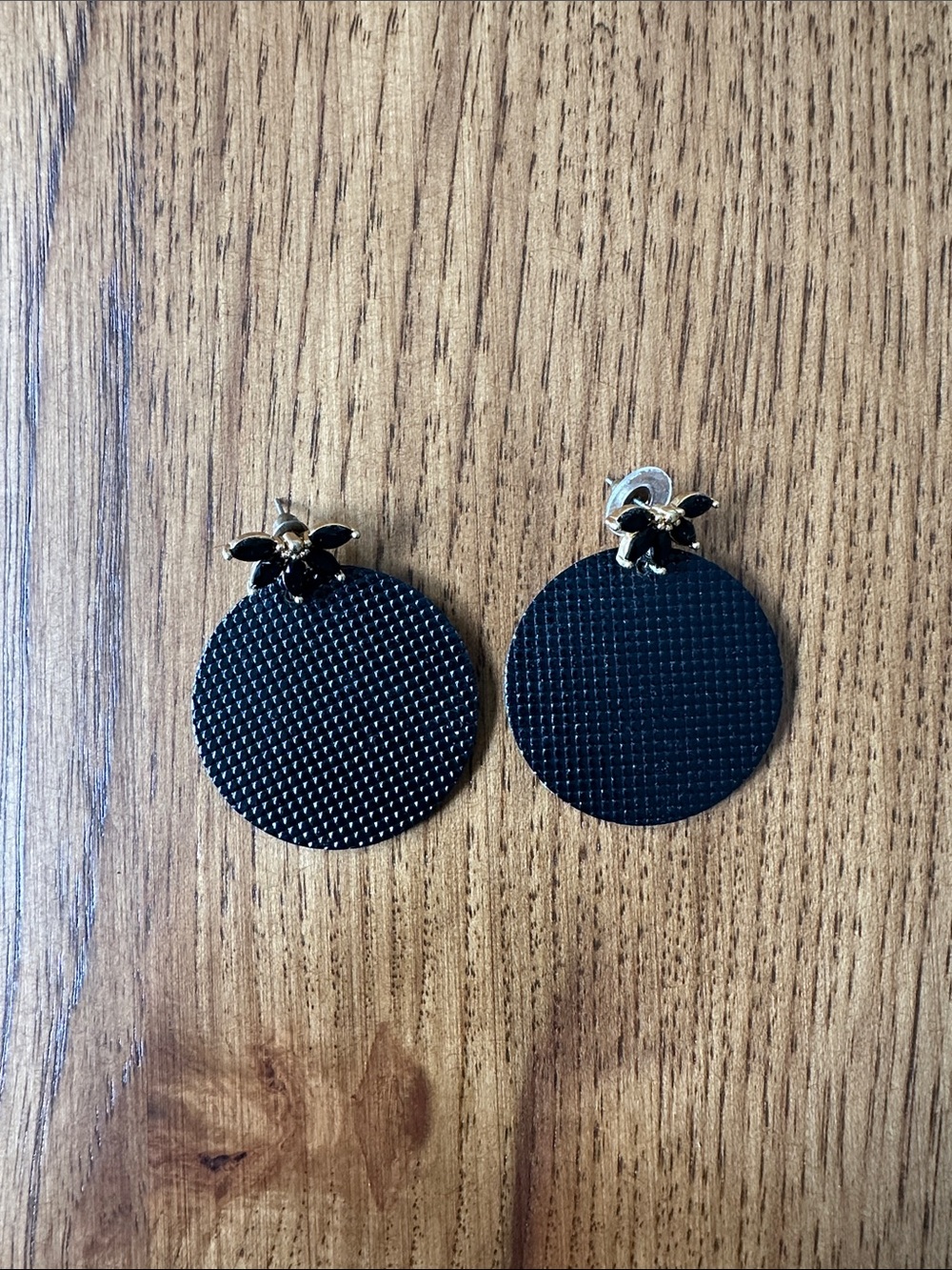Nickel & Suede Black Disc Drop Earrings with Gold Floral Studs
